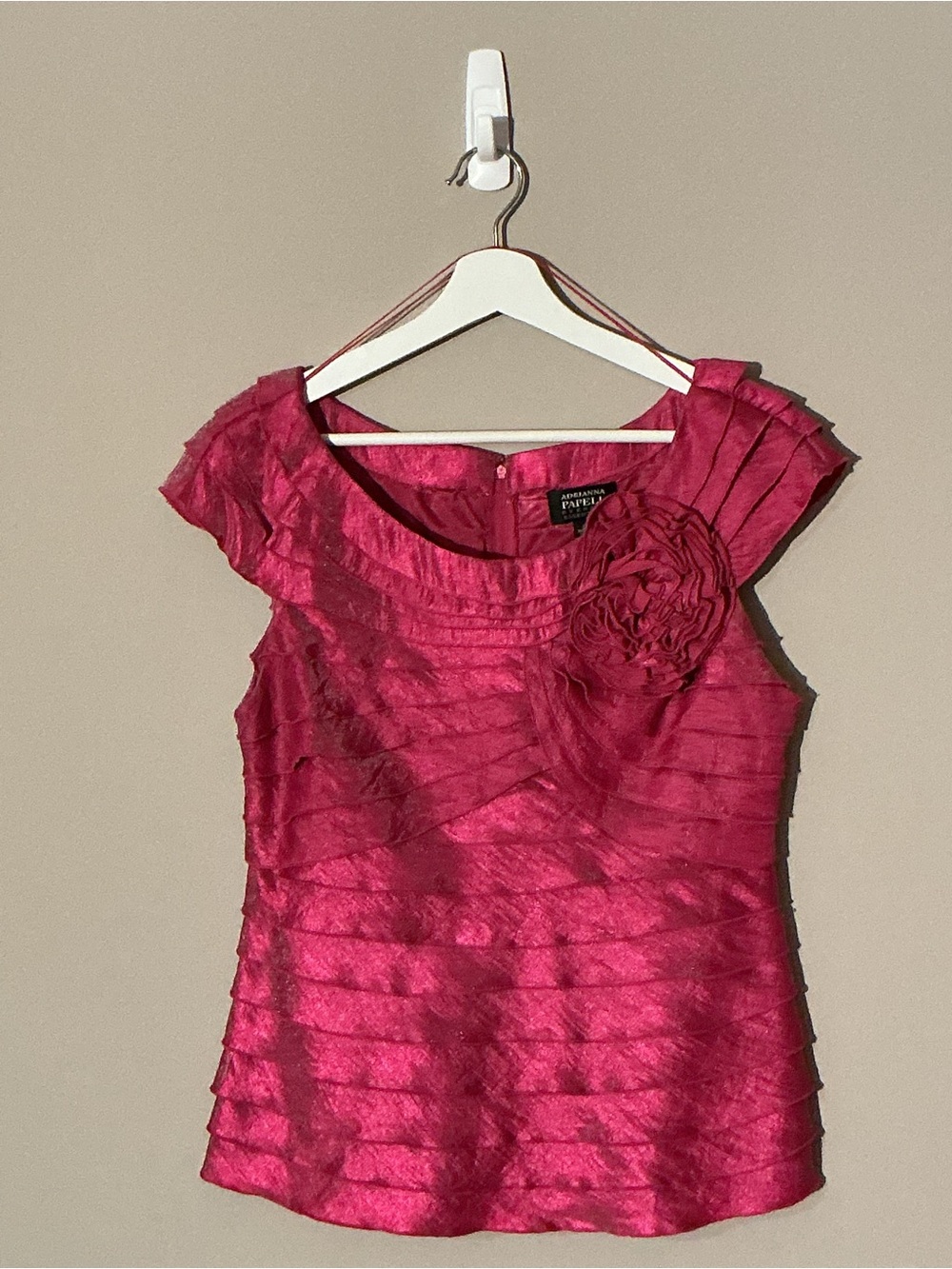 Adrianna Papell Evening Essentials Fuchsia Layered Ruffle Flower Cap-Sleeve Top